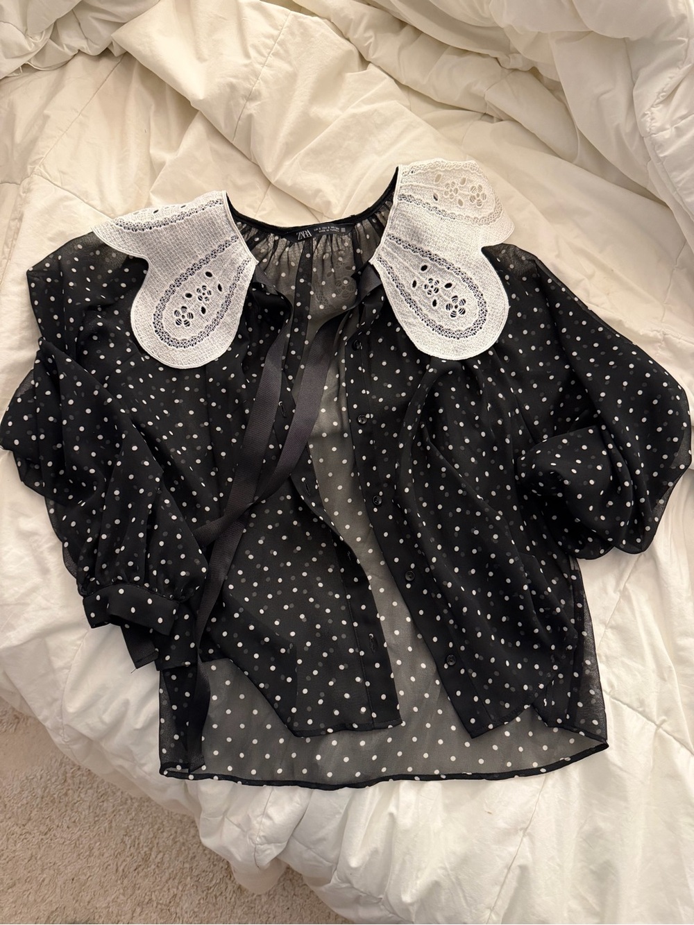 Zara Black Sheer Polka Dot Blouse with White Lace Collar